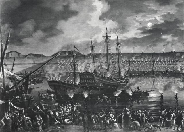 Arte Fotografica — Lacroix Charles François - sec. XVIII - Nave piratesca nel porto di Civitavecchia — particolare